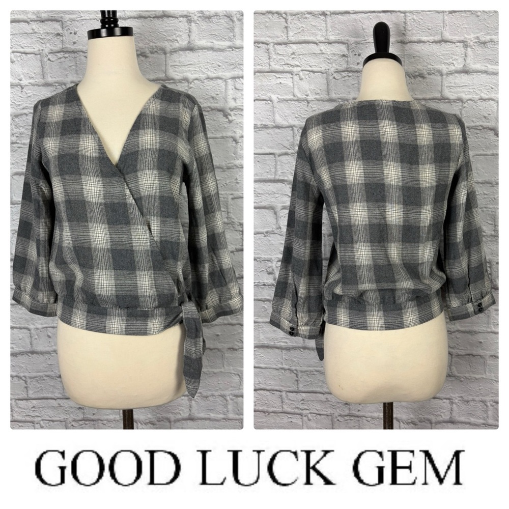 Good Luck Gem Gray Plaid Wrap Top